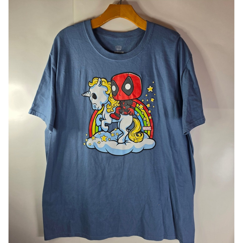 Funko‎ Pop Tees Marvel Deadpool Riding Unicorn Rainbow Shirt Blue Mens XL